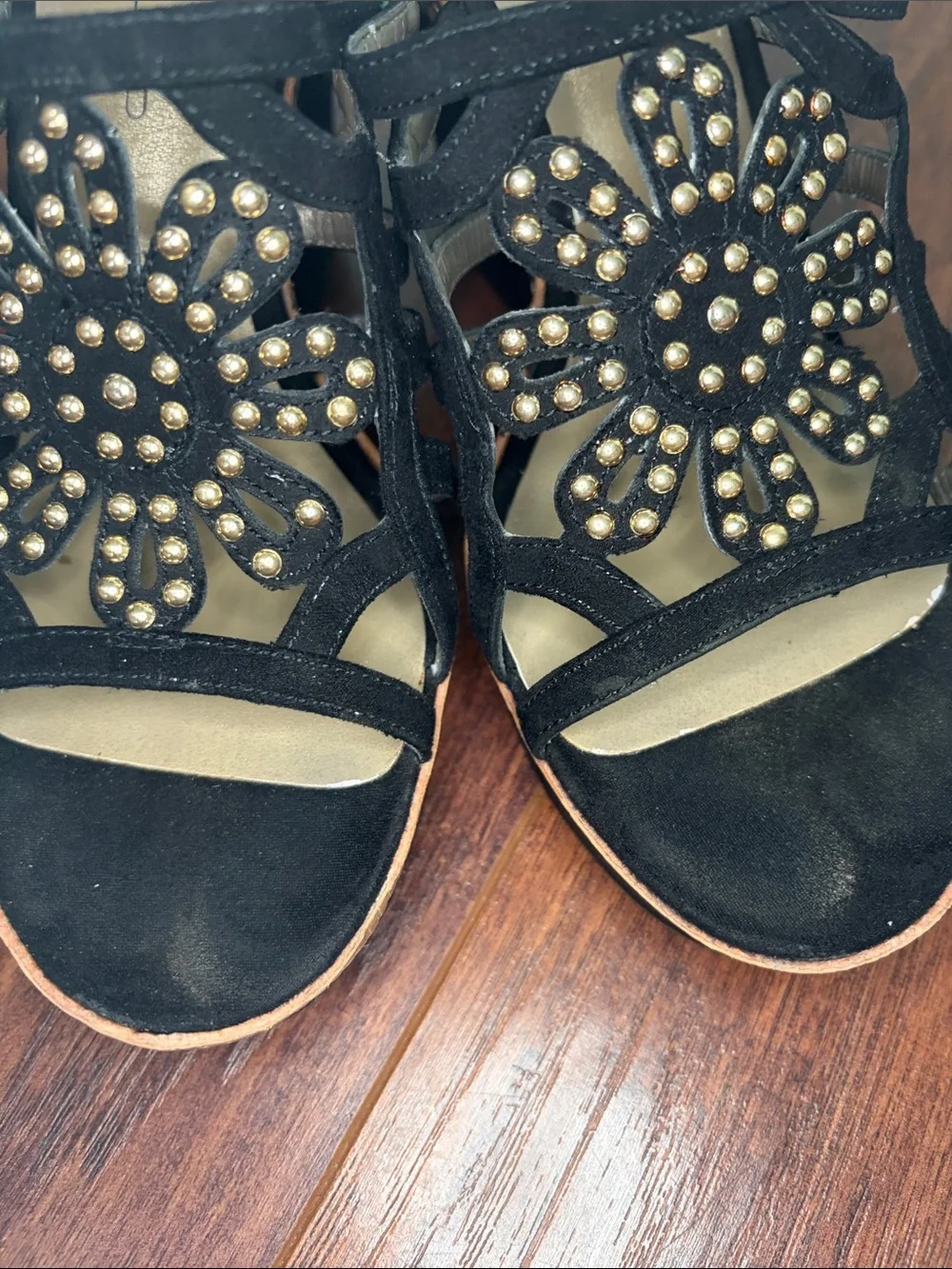 Bandolino Black Suede Floral Studded Wedge Sandals
